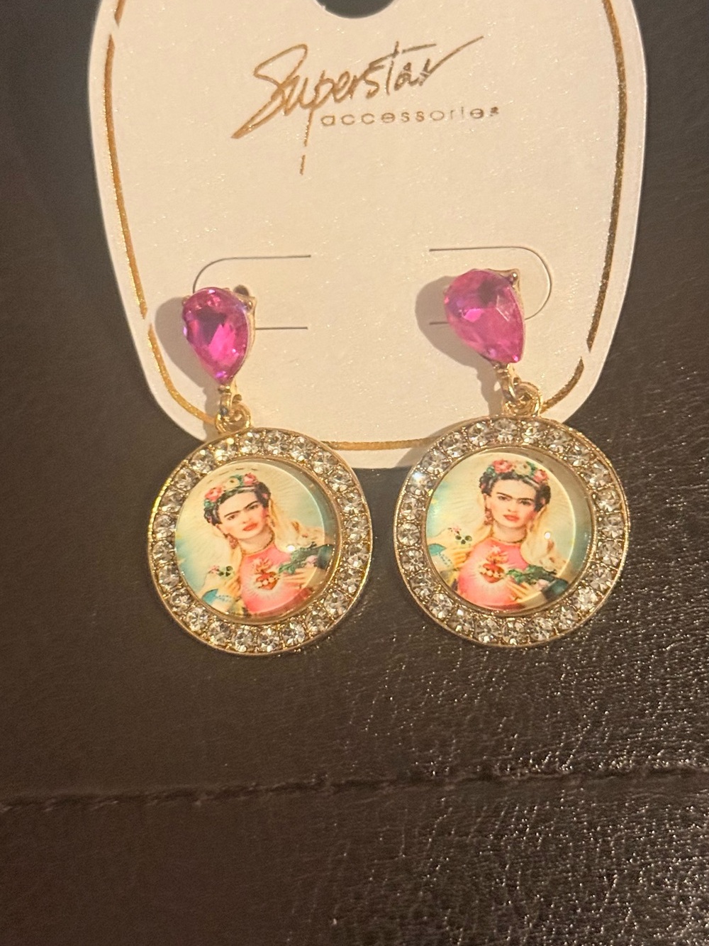 Pink Teardrop Frida Portrait Drop Earrings
